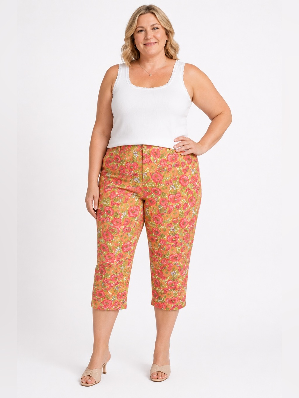 Floral Capri Pants Coral Pink Mustard Liz Claiborne 100% Cotton Petite 14P